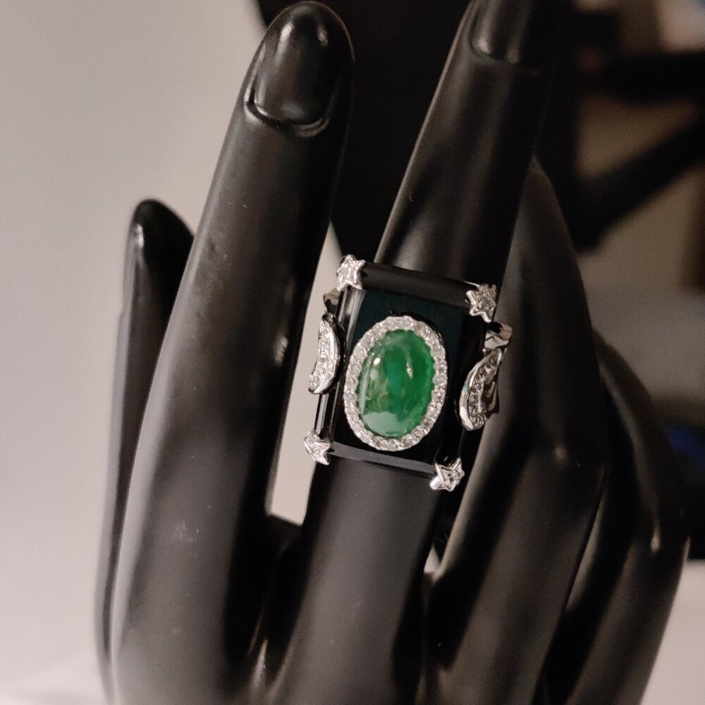 Art Deco Design Cabochon Jade, Onyx and CZ Accents Costume Ring